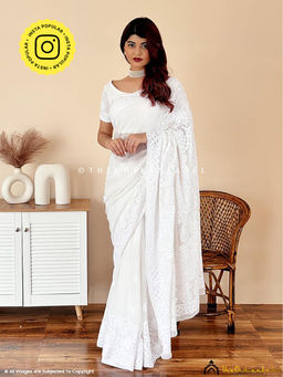 The Chikan Label - Kangana Ranaut White Viscose Chikankari Saree with Unstitched Blouse