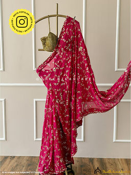 The Chikan Label - Maroon Aamani Pure Georgette Chikankari Saree with Unstitched Blouse
