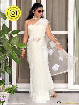 The Chikan Label - White Organza Chikankari Saree With Unstitched Blouse