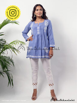 The Chikan Label - Ekaya Cambric Cotton Pentex Chikankari Blue Tunic