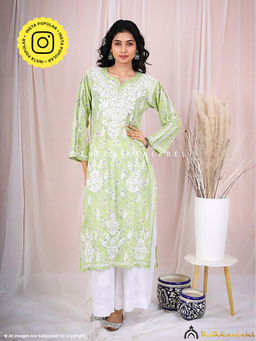 The Chikan Label - Arisha Mulmul Chikankari Printed Straight Green Kurta