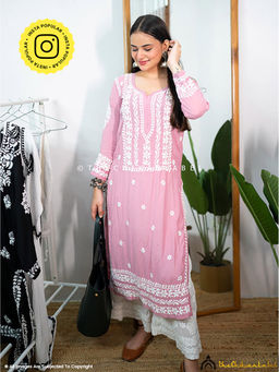 The Chikan Label - Amara Muslin Chikankari Straight Pink Kurta