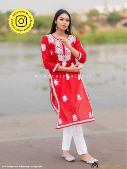 The Chikan Label - Saba Cotton Chikankari Straight Red Kurta