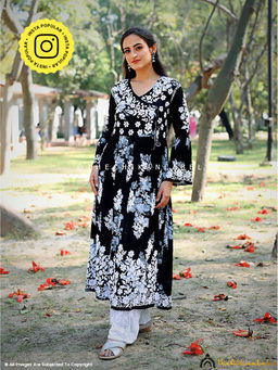 The Chikan Label - Biba Mulmul Cotton Chikankari Black Angrakha