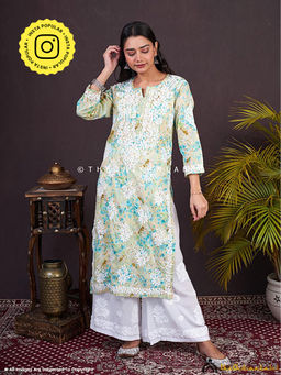 The Chikan Label - Sabiha Mulmul Chikankari Straight Green Kurta