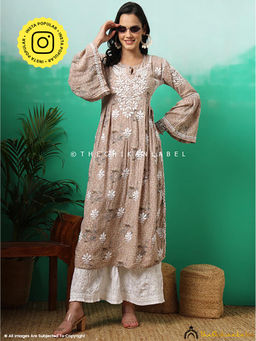 The Chikan Label - Zoha Mulmul Cotton Chikankari A-Line Beige Kurta