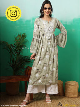 The Chikan Label - Zoha Mulmul Cotton Chikankari A-Line Green Kurta