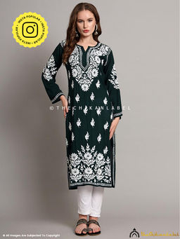 The Chikan Label - Sanaya Modal Chikankari Straight Green Kurta