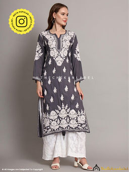 The Chikan Label - Sanaya Modal Chikankari Straight Grey Kurta