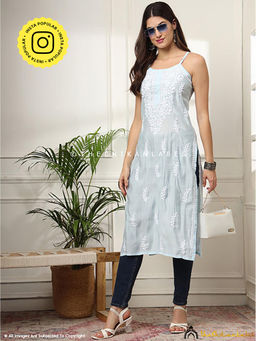 The Chikan Label - Zubaida Chanderi Chikankari Strappy Blue Kurta