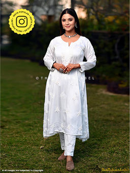 The Chikan Label - White Isha Modal Satin Chikankari A-Line Kurta
