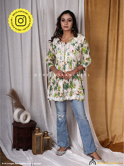 The Chikan Label - Green Cotton Printed Chikankari Tunic