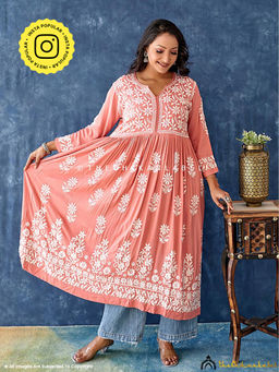 The Chikan Label - Modal Chikankari Peach Anarkali