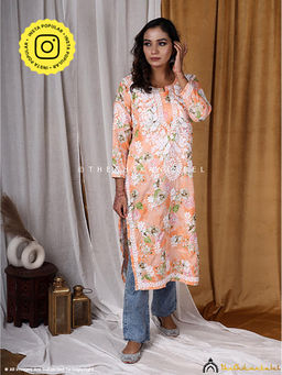 The Chikan Label - Peach Chah Mulmul Cotton Printed Straight Chikankari Kurta