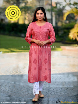 The Chikan Label - Aniya Chanderi Chikankari Straight Peach Kurta