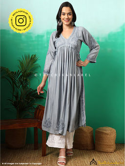 The Chikan Label - Nayra Modal Chikankari Grey Anarkali
