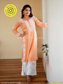 The Chikan Label - Aisha Rayon Chikankari Straight Orange Kurta