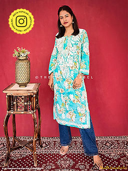 The Chikan Label - Green Chah Mulmul Cotton Printed Straight Chikankari Kurta