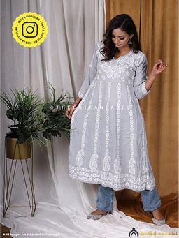 The Chikan Label - Grey Modal Cotton Chikankari Anarkali