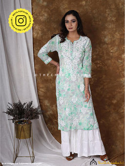 The Chikan Label - Green Printed Straight Chikankari Kurta