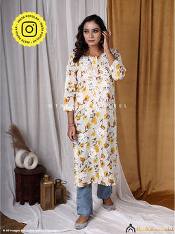The Chikan Label - Yellow Printed Straight Chikankari Kurta