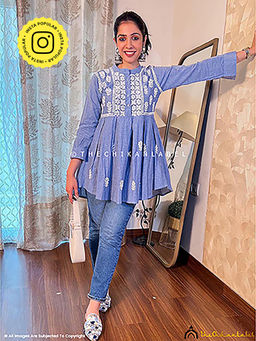 The Chikan Label - Prerna Chhabra Ekaya Denim Frock Chikankari Blue Tunic
