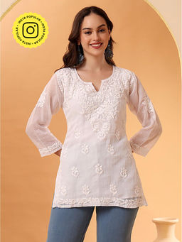 The Chikan Label - White Rajia Kota Cotton Short Chikankari Tunic