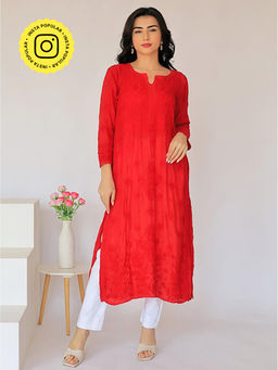 The Chikan Label - Arzu Upada Silk Chikankari Straight Red Kurta