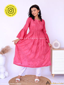 The Chikan Label - Nisa Mulmul Chikankari A-Line Pink Kurta