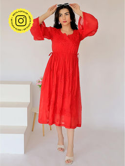 The Chikan Label - Nisa Mulmul Chikankari A-Line Red Kurta