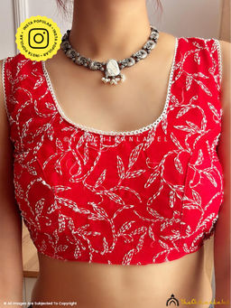 The Chikan Label - Red Round Neck Floral Chikankari Georgette Blouse