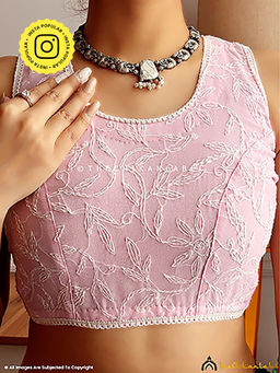 The Chikan Label - Pink Round Neck Floral Chikankari Georgette Blouse