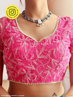 The Chikan Label - Pink Round Neck Floral Chikankari Georgette Blouse