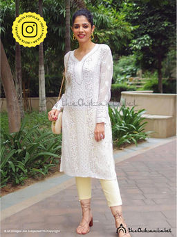 The Chikan Label - Prerna Chhabra White Viscose Chikankari Straight Kurta