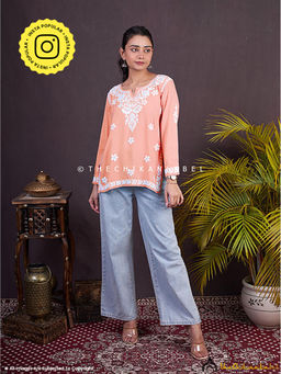 The Chikan Label - Sangeet Modal Chikankari Orange Tunic