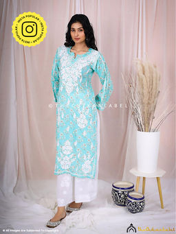 The Chikan Label - Arisha Mulmul Chikankari Printed Straight Blue Kurta