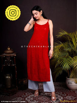 The Chikan Label - Red Ryka Viscose Chikankari Strappy Kurta