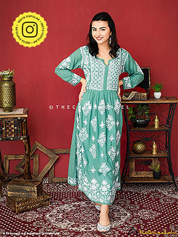 The Chikan Label - Zinia Modal Chikankari A-Line Green Kurta