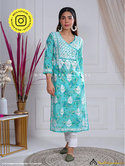 The Chikan Label - Qaifa Mulmul Chikankari Straight Green Kurta