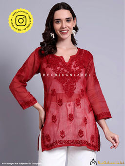 The Chikan Label - Rajia Kota Cotton Chikankari Maroon Tunic