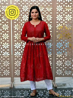 The Chikan Label - Red Rooh Chanderi Chikankari A-Line Anarkali