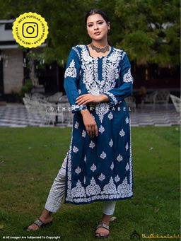 The Chikan Label - Blue Safa Muslin Chikankari Straight Kurta