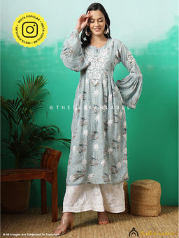 The Chikan Label - Zoha Mulmul Cotton Chikankari A-Line Blue Kurta