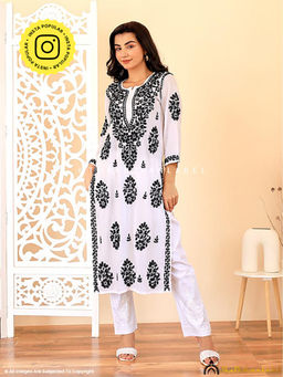The Chikan Label - White Abha Modal Chikankari Straight Kurta