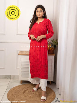 The Chikan Label - Bindiya Crepe Chikankari Straight Red Kurta