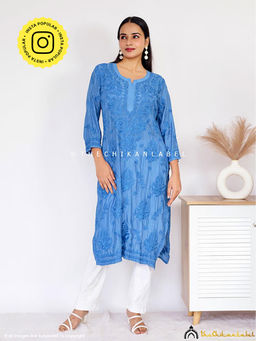 The Chikan Label - Daksha Muslin Chikankari Straight Blue Kurta
