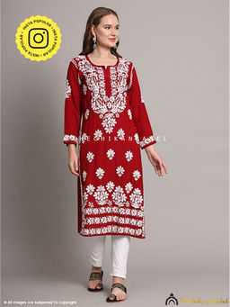 The Chikan Label - Aditi Modal Chikankari Straight Maroon Kurta