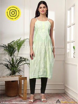 The Chikan Label - Zubaida Chanderi Chikankari Strappy Green Kurta