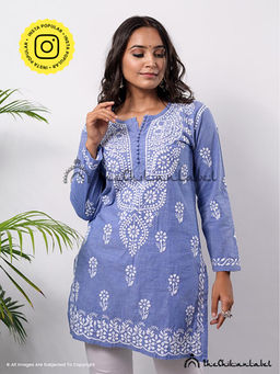 The Chikan Label - Ekaya Cambric Cotton Kashmiri Gala Chikankari Blue Tunic