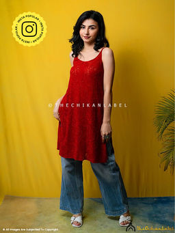 The Chikan Label - Red Jia Viscose Chikankari Strappy Kurti
